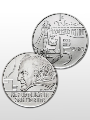 SAN MARINO 5 EURO 2013 FEDERICO FELLINI IN ARGENTO FDC IN SCATOLA BLU