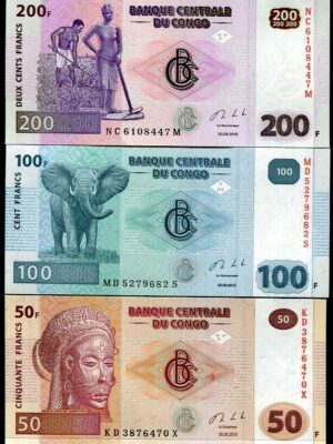 CONGO SET DI 3 BANCONOTE 2013: 50, 100 E 200 FRANCHI FRANCS FDS NUOVE