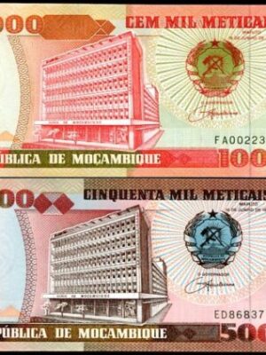 MOZAMBICO SET 2 PCS 50,000 + 100,000 METICAIS 1993 UNC FDS NUOVE