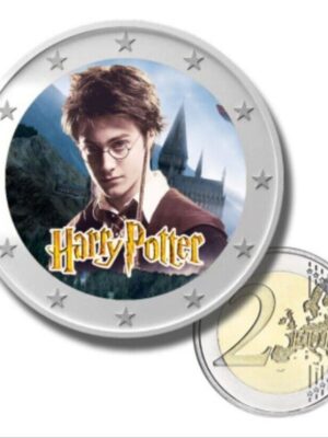 2 EURO CON IMPRESSA L'IMMAGINE DI HARRY POTTER COLORATA SOUVENIR FDC