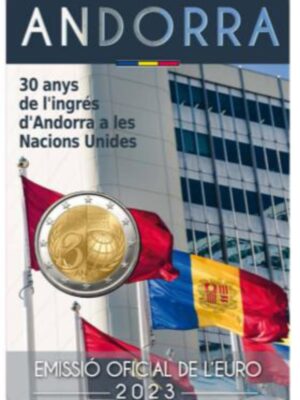 2 EURO ANDORRA 2023 30° INGRESSO NAZIONI UNITE IN FOLDER UNC FDC