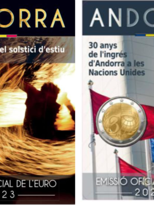 2 X 2 EURO ANDORRA 2023 SOLSTIZIO + NAZIONI UNITE FDC UNC IN FOLDER