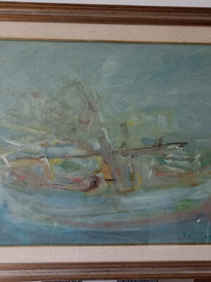 QUADRO AUTENTICO "nel porto" 68x48 CM DI VIDEO ANFOSSI 1969
