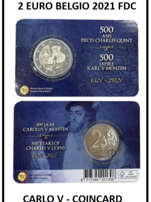 2 euro 2021 Belgio Coincard 500° Carlo V FDC v. francese