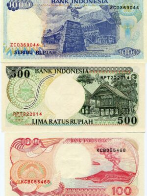 INDONESIA SET DI 3 BANCONOTE 100 + 500 + 1000 RUPIE INDONESIANE FDS