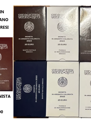 VATICANO COLLEZIONE DI MONETE DA 25 EURO IN ARGENTO PROOF COLORATE DAL 2021 AL 2023 COMPRESO