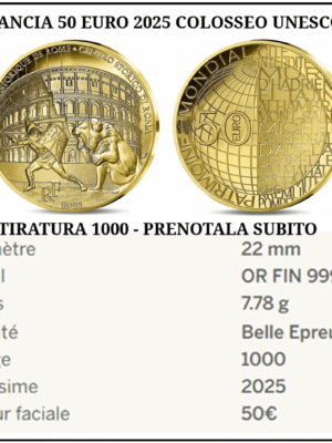 FRANCIA 50 EURO 2025 IN ORO UNESCO COLOSSEO, IL CENTRO STORICO DI ROMA
