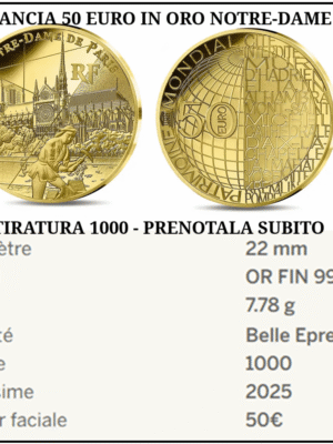 FRANCIA 50 EURO 2025 IN ORO CATTEDRALE NOTRE DAME DE PARIS - UNESCO