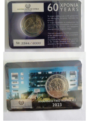 2 EURO 2023 CIPRO COINCARD 60° BANCA CENTRALE DI CIPRO - FDC
